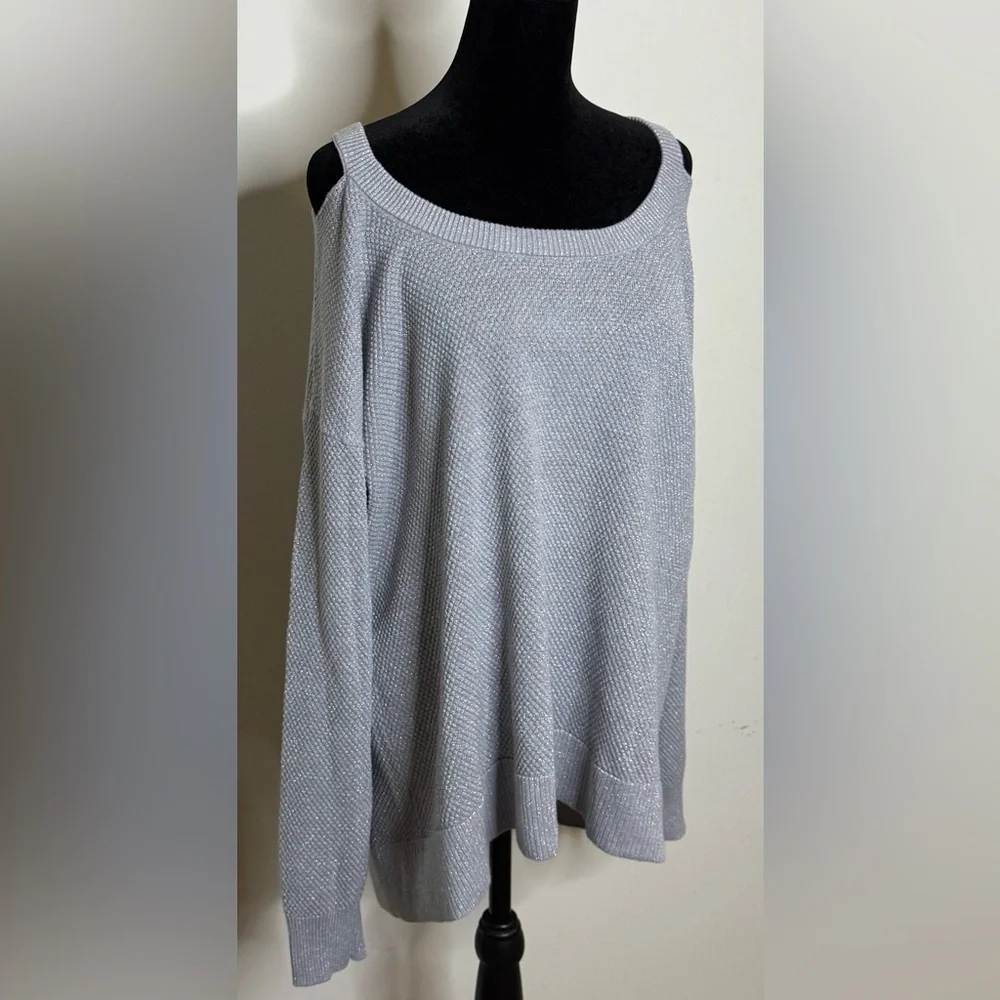 Michael Kors gray silver sparkle peek a boo shoulder split hem sweater XL EUC